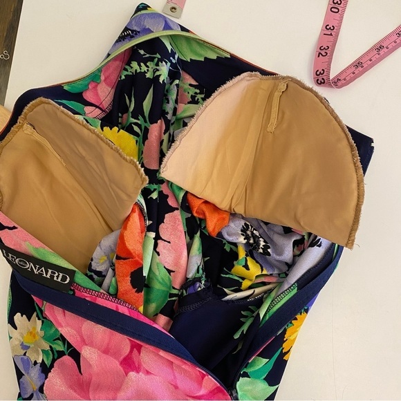 Leonard Paris || Mikado Silk Jersey Dress Belted Floral Navy - Picture 10 of 15